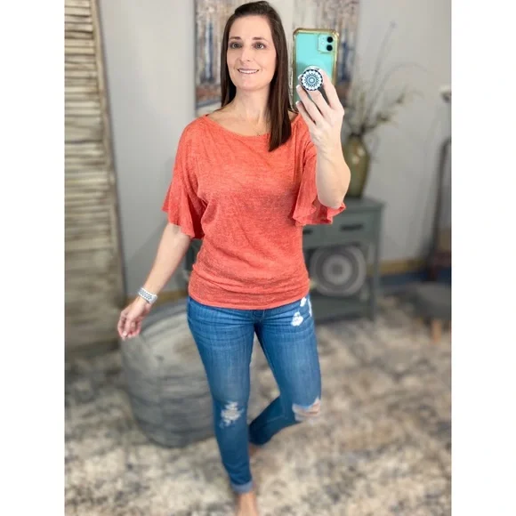 ❤️‍🔥Boat Neck Short Ruffle Bell Dolman Sleeve Top Coral 0922 - Picture 5 of 14